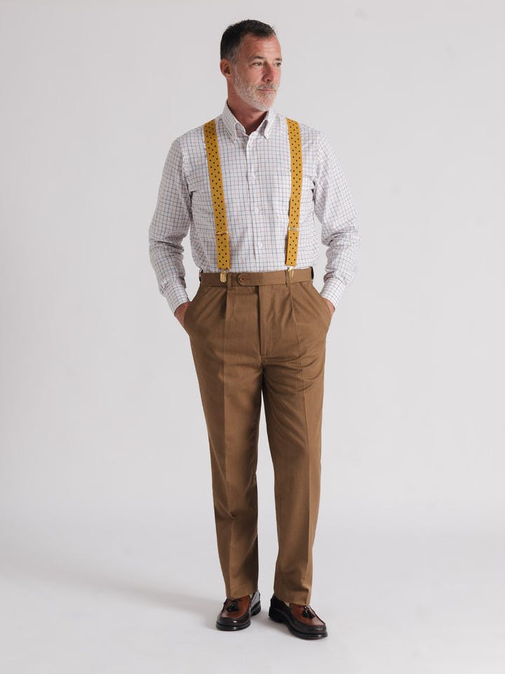 Men's Tan Deluxe Wool & Silk Trousers On Model