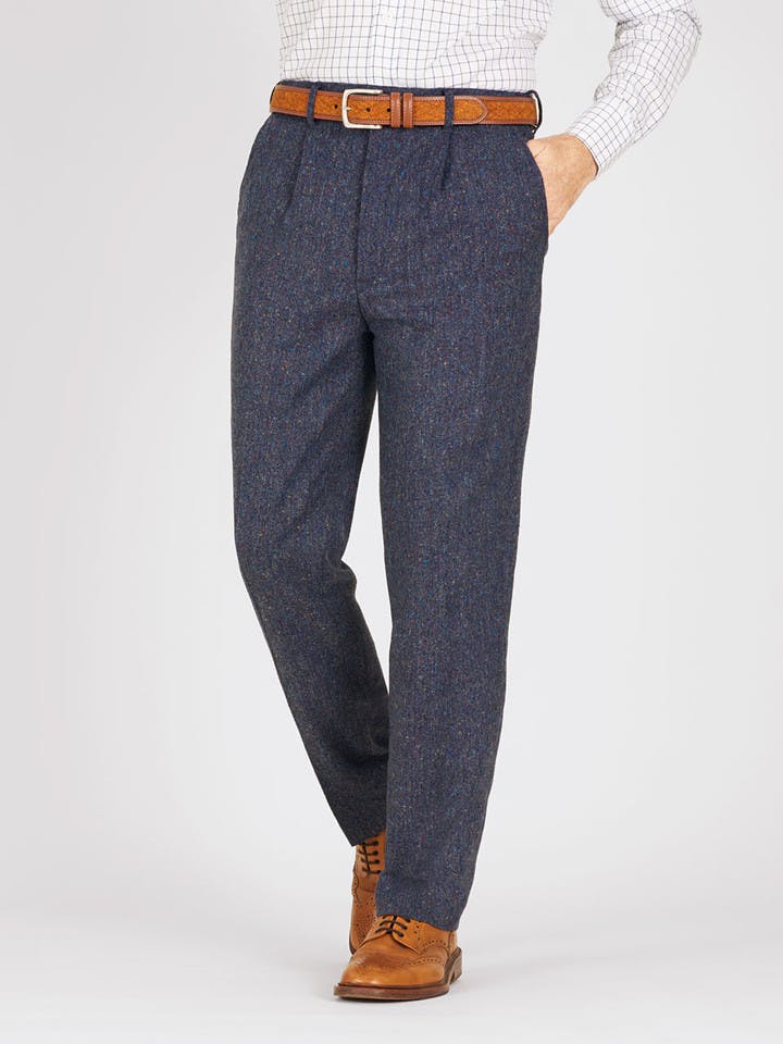 Model wears Blue Fine Donegal Tweed Trousers