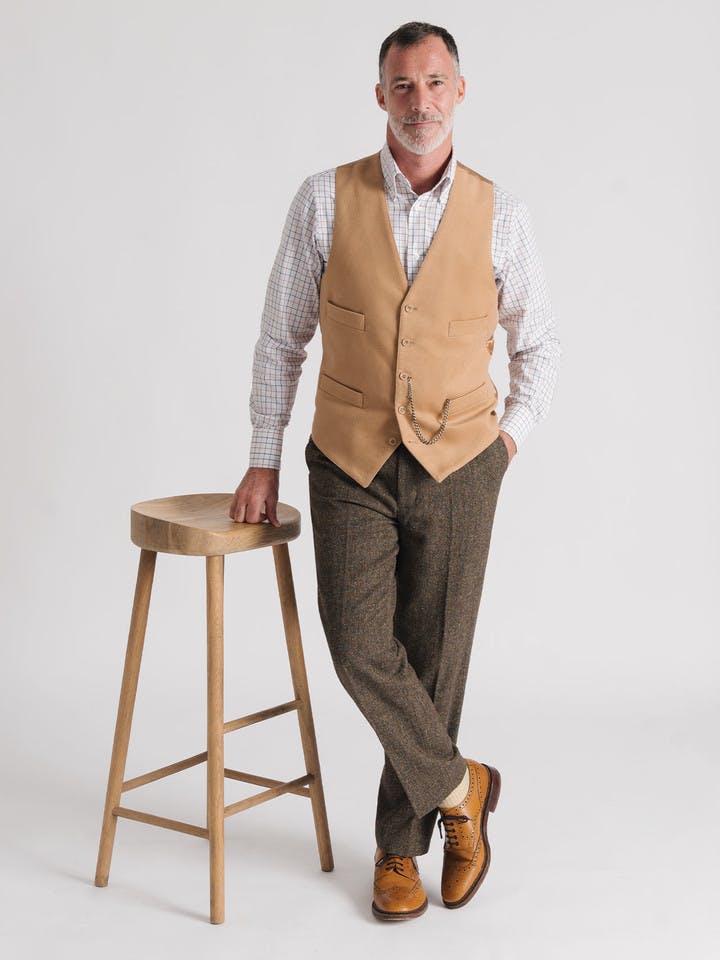 Model wears Bronze Fine Donegal Tweed Trousers