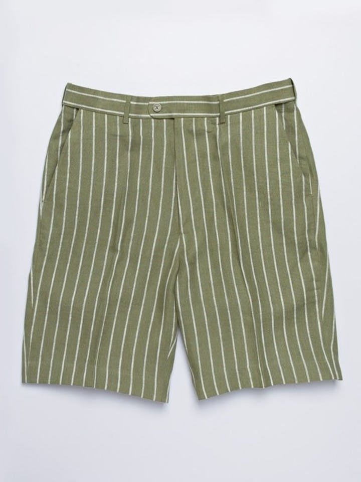 Green Linen Flat Front Patterned Shorts