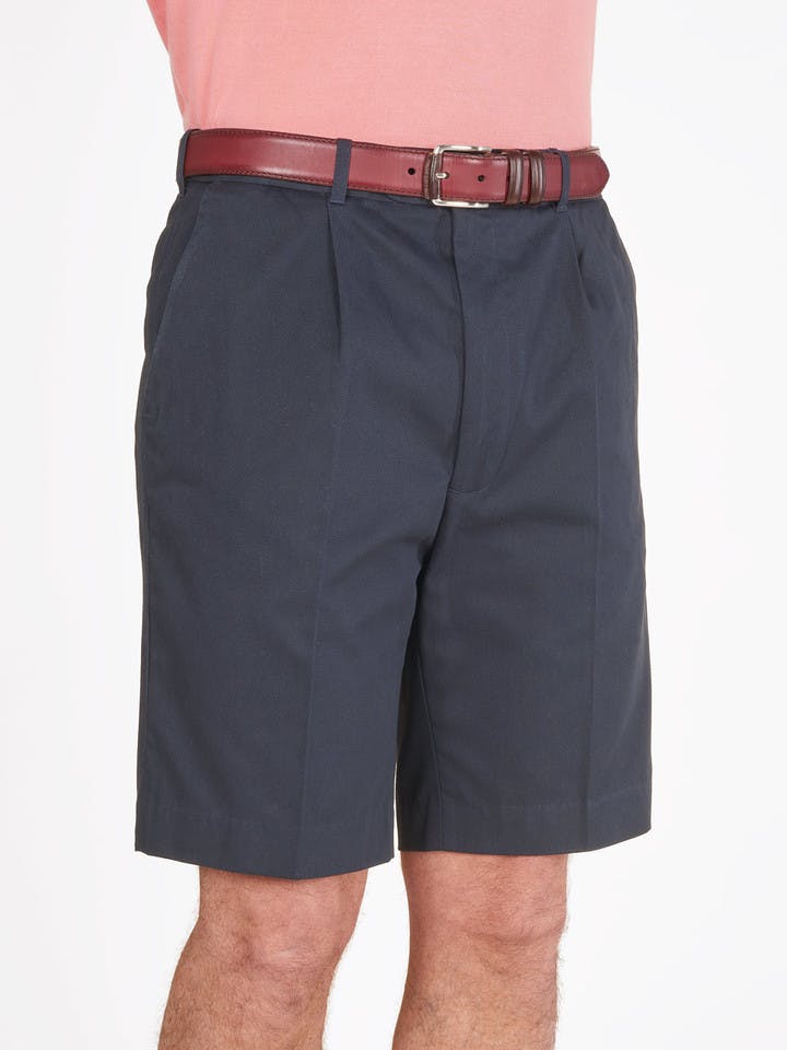 Model wears Men's Navy Blue Cotton Pleated Chino  Shorts