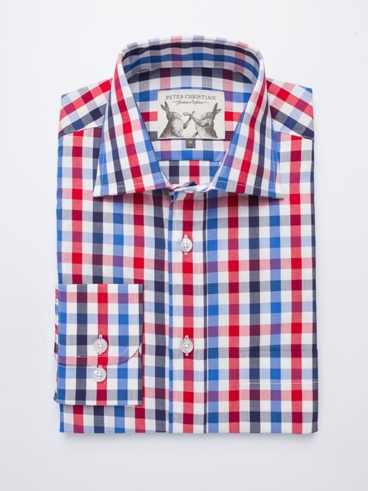 Men's Red & Navy Cotton Check Long Sleeve Shirt