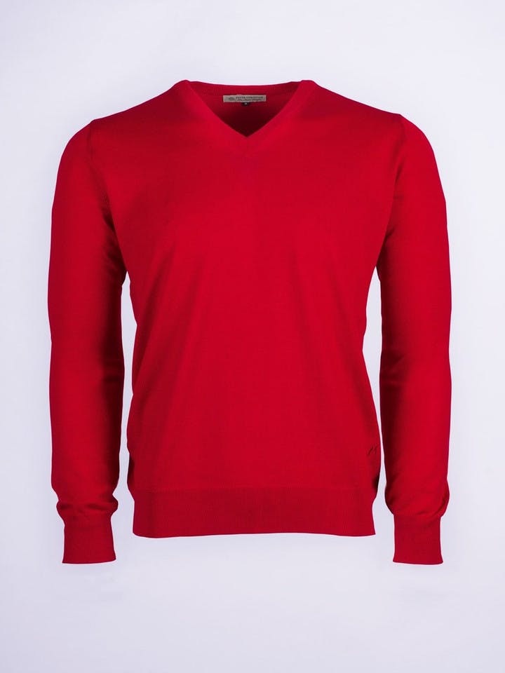 Men's Red Merino Wool V-Neck Jumper