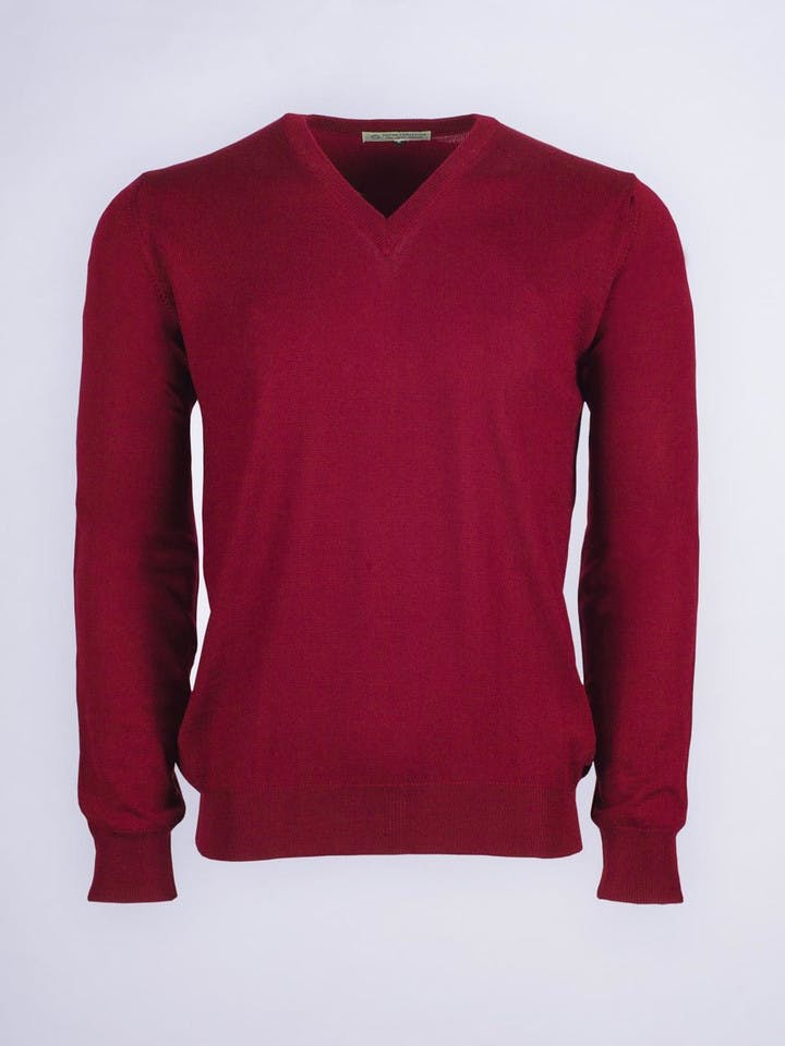 Men's Wine Dark Red Merino Wool V-Neck Jumper