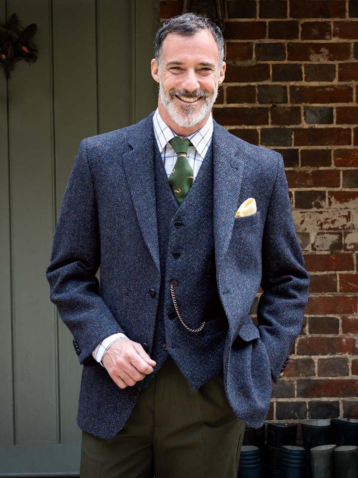 Model Wearing Blue Harris Tweed Jacket