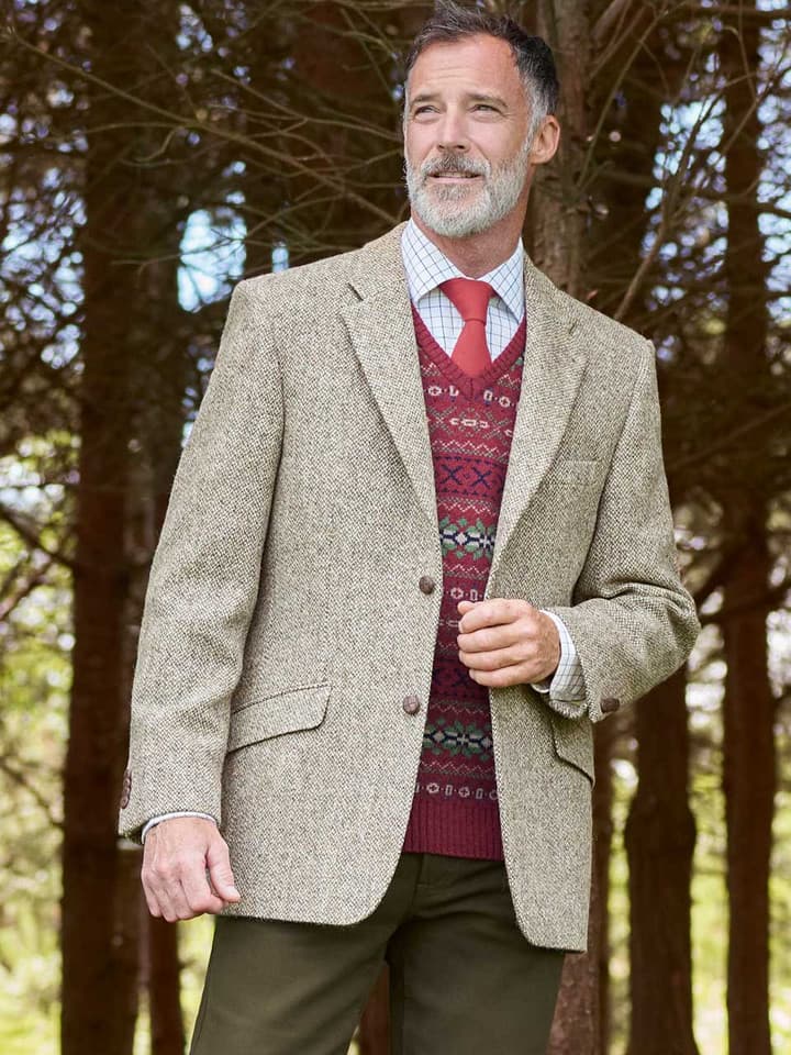 Model Wearing Oat Cream Harris Tweed Jacket