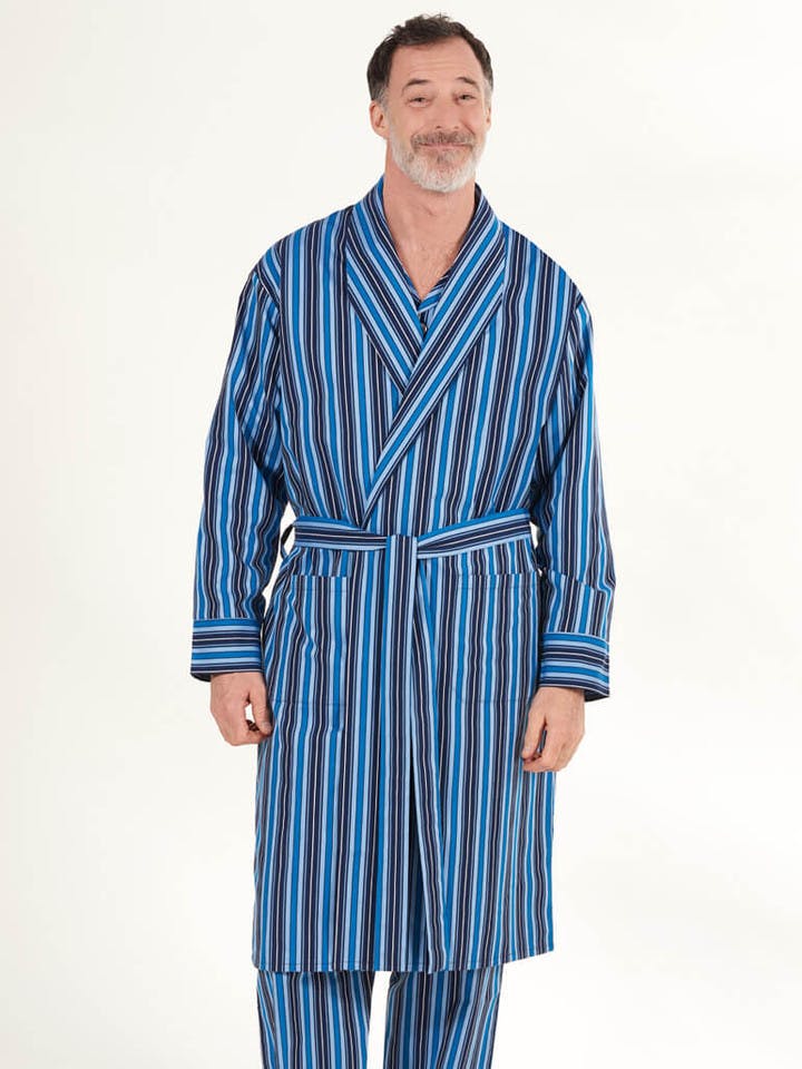 Men's Navy & Blue Club Stripe Summer Dressing Gown - Men's Cotton Dressing Gown