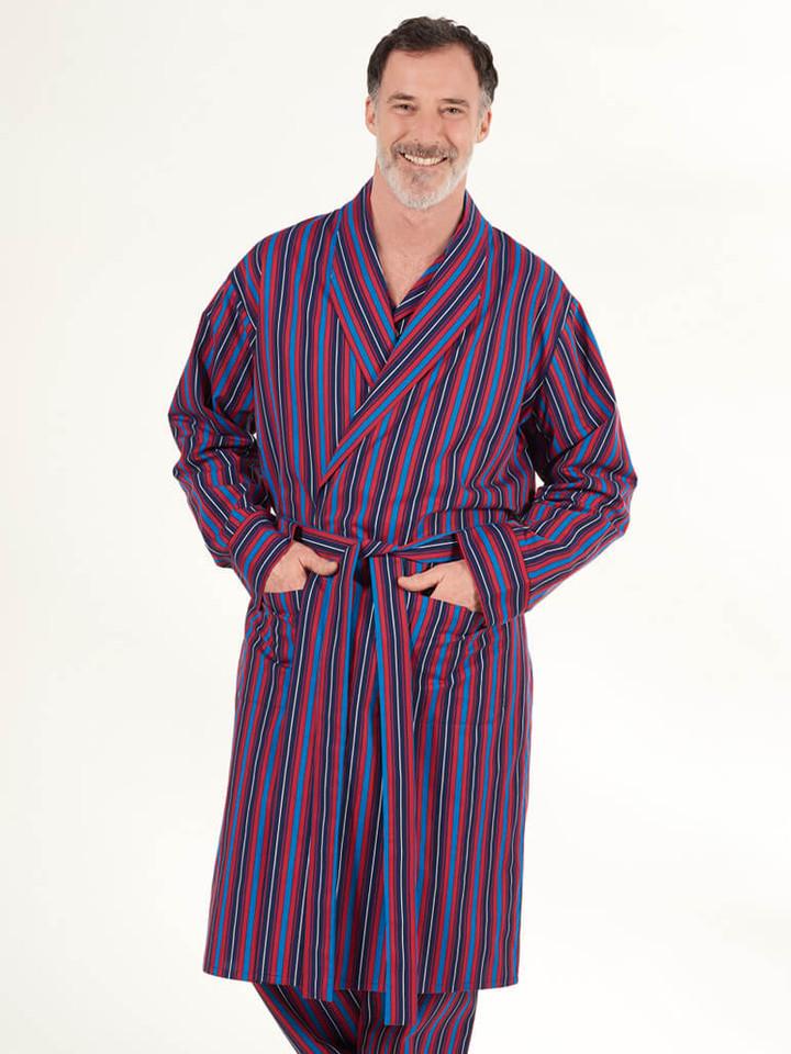 Men's Navy & Red Club Stripe Summer Dressing Gown - Men's Cotton Dressing Gown