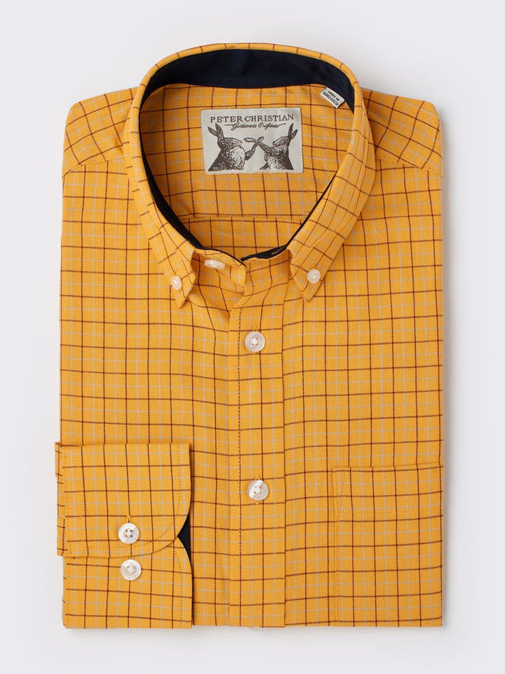 Men's Yellow Button Down Collar Check Cotton Shirt