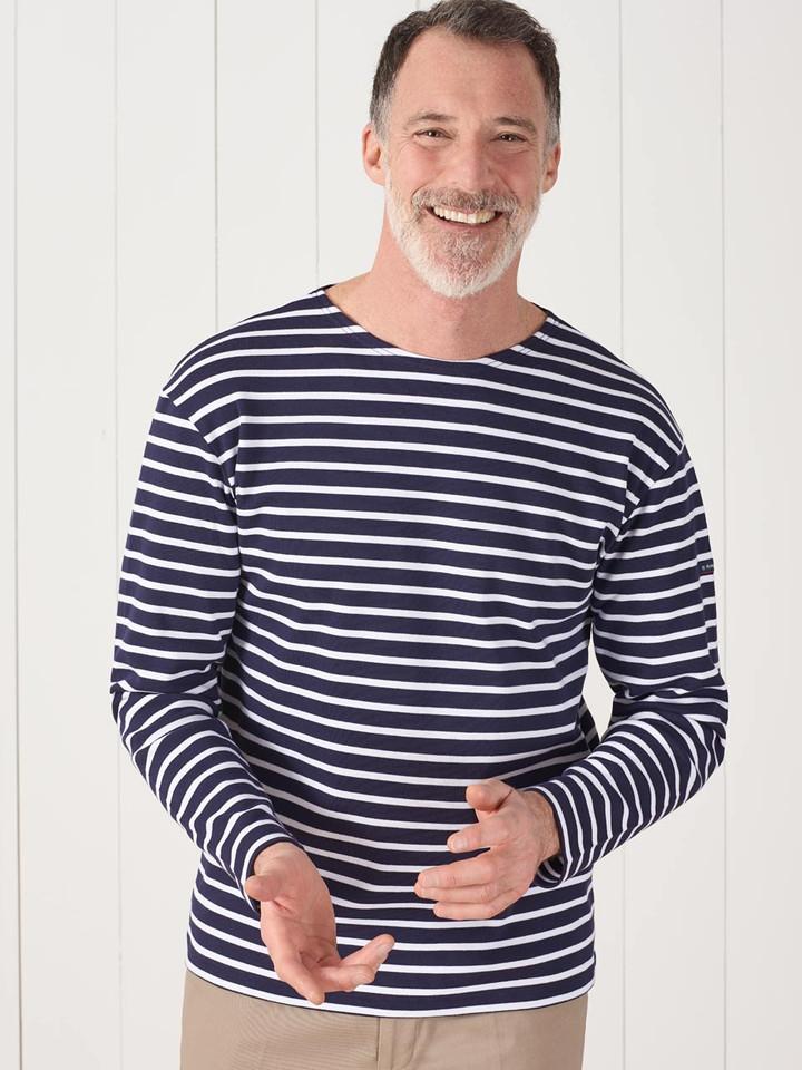 Model wears Navy & White Armor-lux Long Sleeve Breton T-Shirt