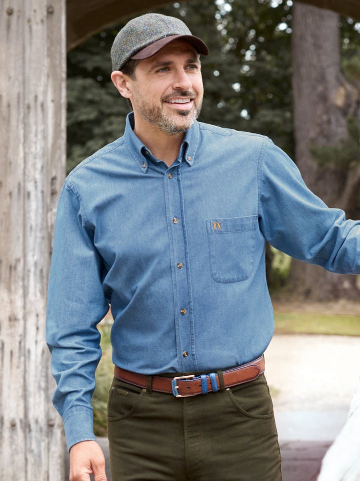 Men's Blue Washed Denim Shirt On Model