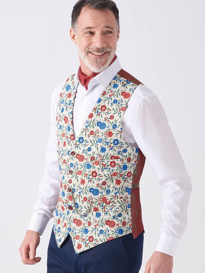 Model wears Men's Blue Floral Brocade Waistcoat