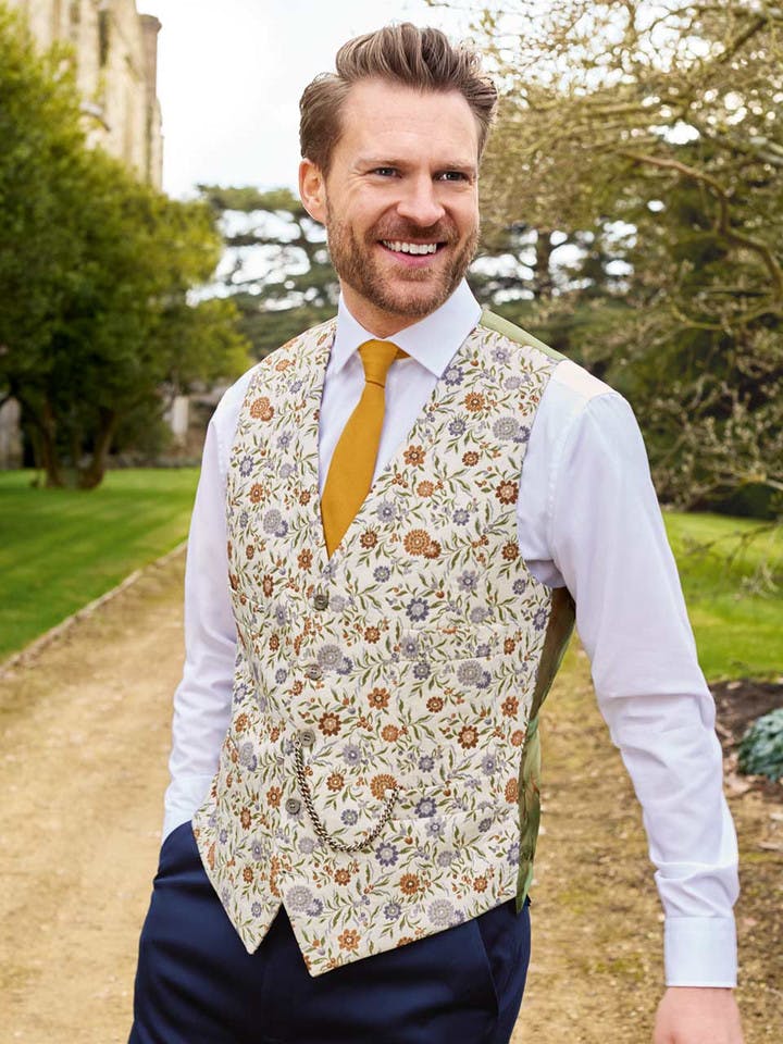 Men's Gold Floral Brocade Waistcoat on Model