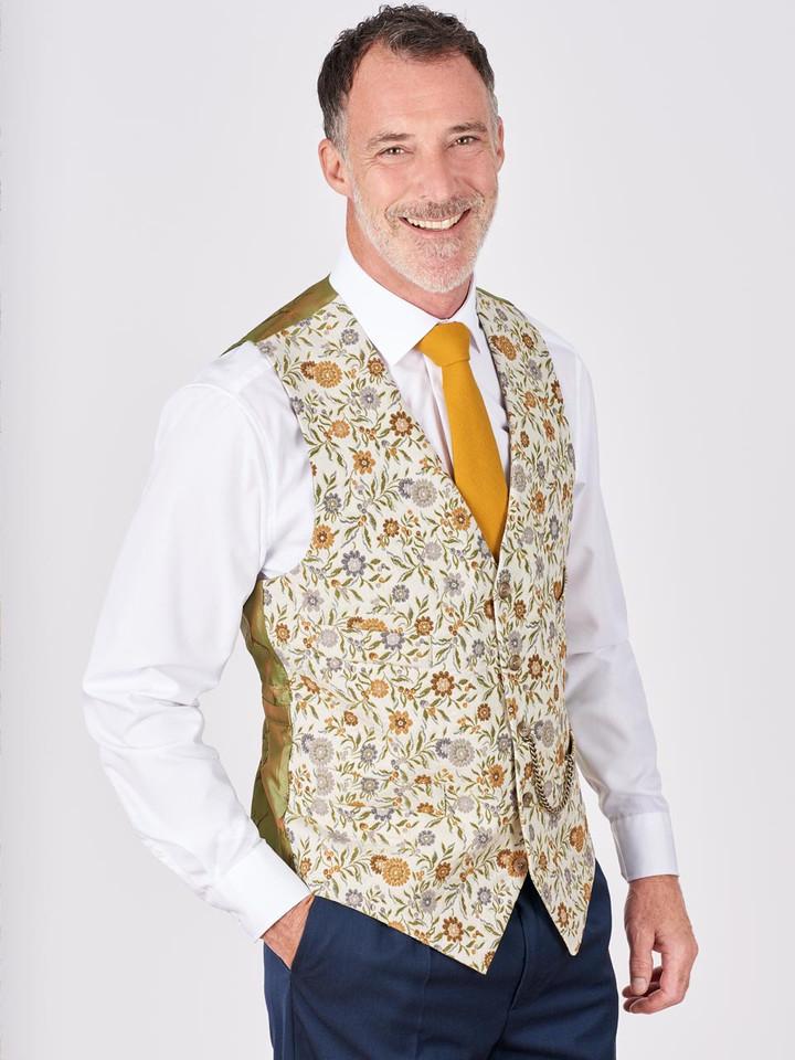 Men's Gold Floral Brocade Waistcoat on Model