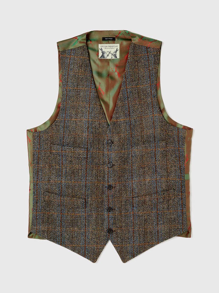 Men's Green Brown Harris Tweed Waistcoat