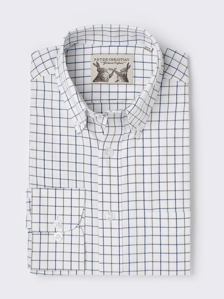 Men's Blue and White Button Down Collar Check Tattersall Shirt