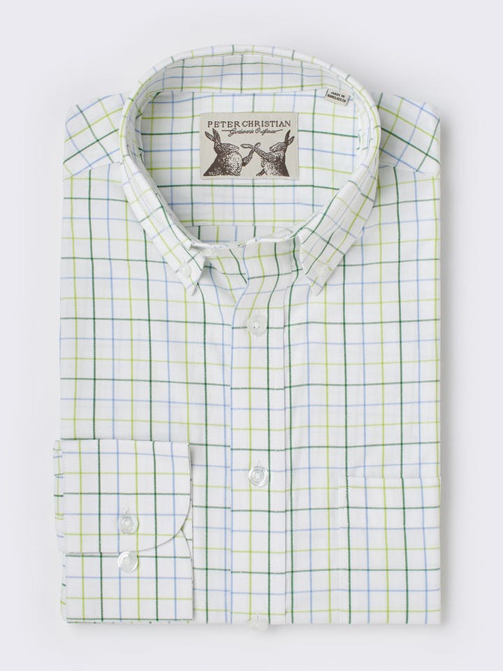 Men's Green and White Button Down Collar Check Tattersall Shirt