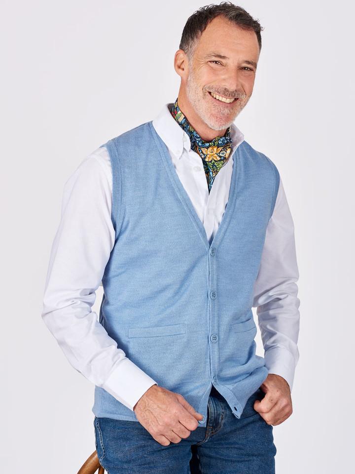 Men's Light Blue Merino Wool Waistcoat On Model