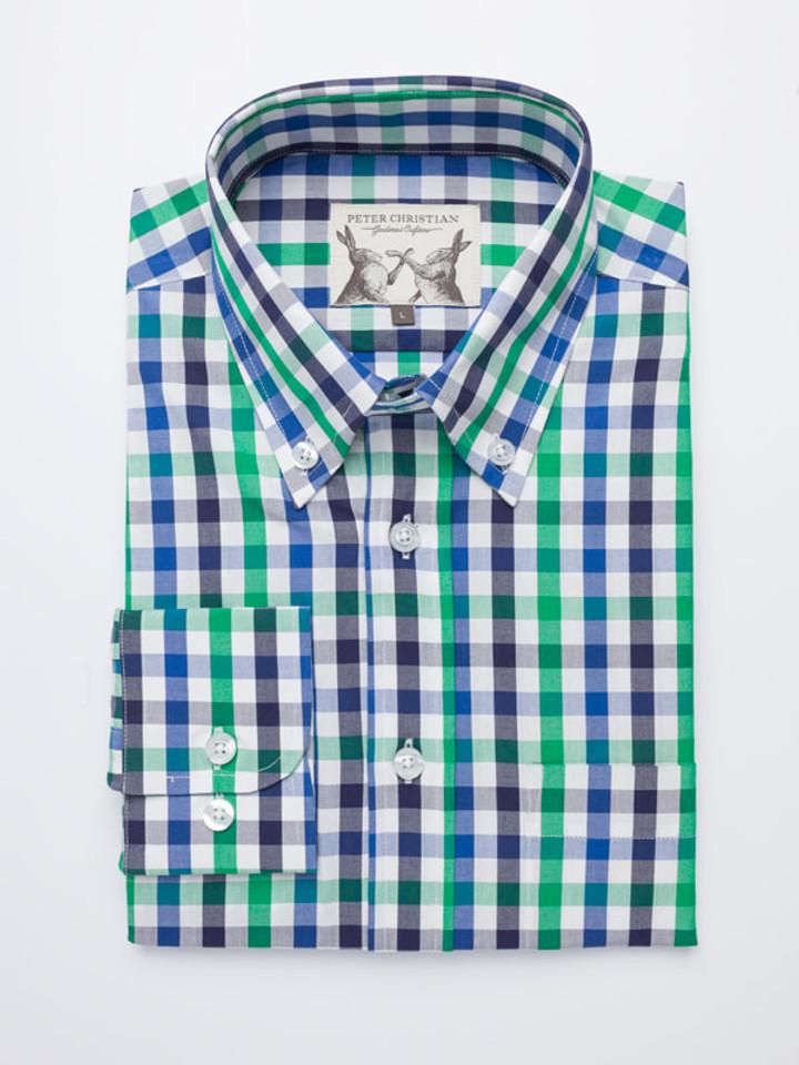 Men's Button Down Collar Green & Blue Cotton Check Long Sleeve Shirt