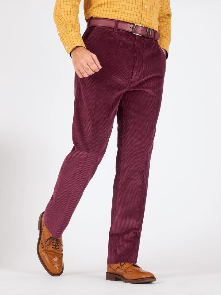 Men's Burgundy Red Flat Front Corduroy Trousers