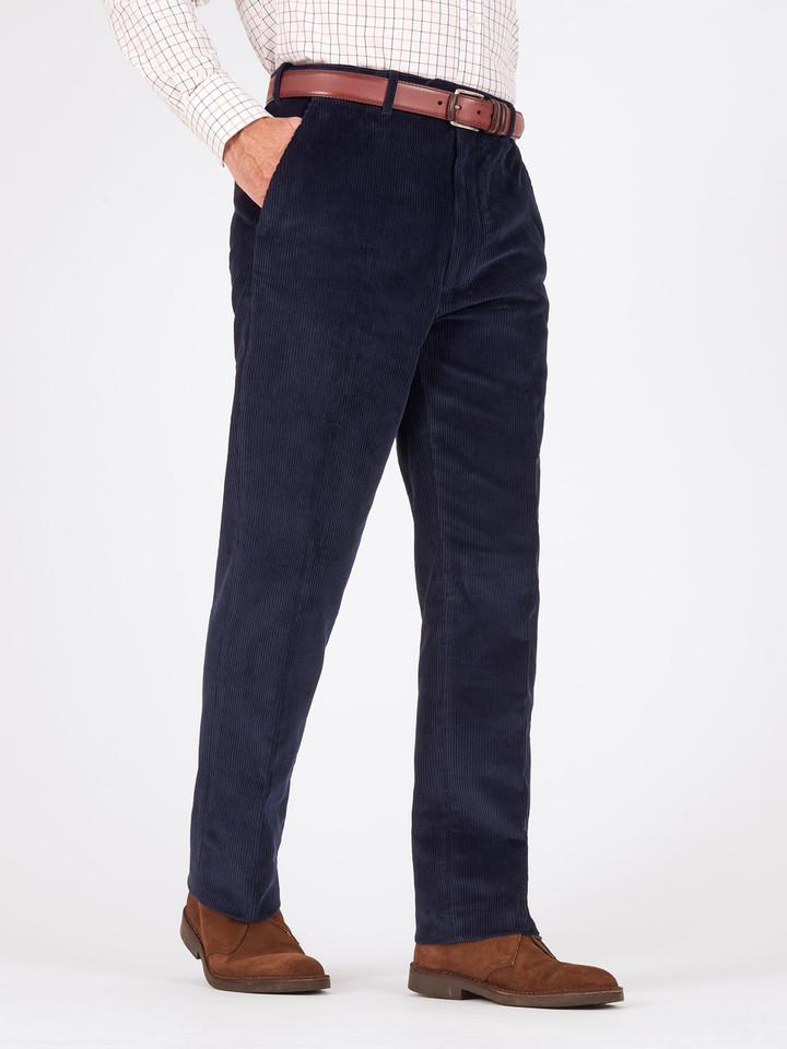 Men's Navy Blue Flat Front Corduroy Trousers