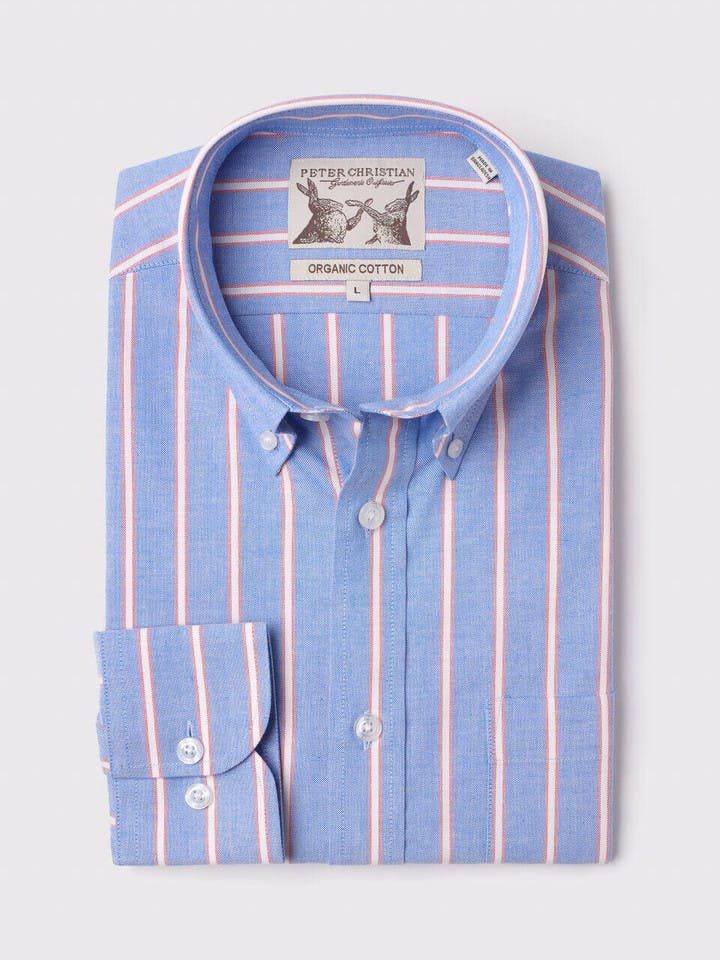 Men's Blue Red  Stripe Cotton Oxford Shirt