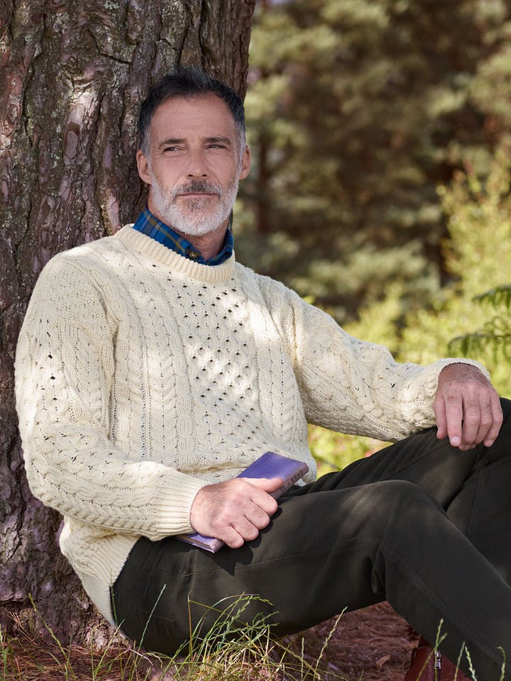 Men's Cream Irish Aran Jumper on Model