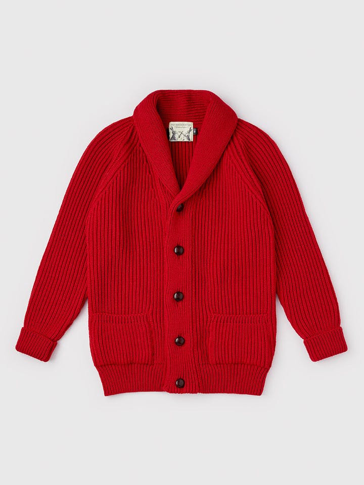 Men's Red Knitted Wool Shawl Neck Cardigan