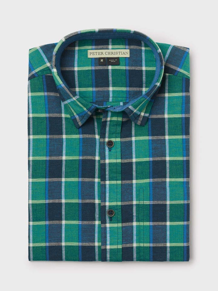 Emerald Green Check Short Sleeve Linen and Cotton Shirt