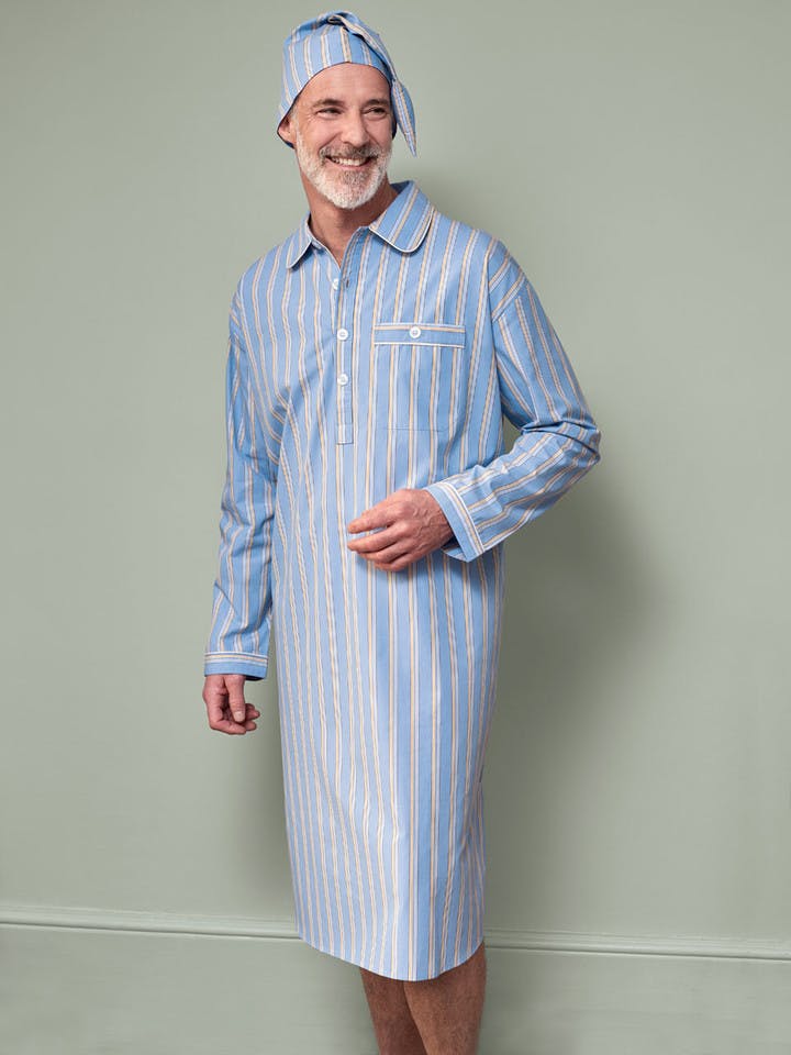 Model wears Men's Blue & Gold Striped Cotton Nightshirt