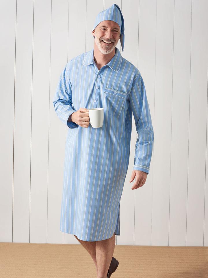 Men's Blue & Green Striped Cotton Nightshirt