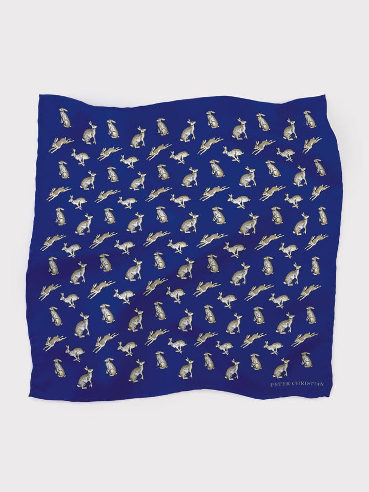 Midnight Blue Hares Silk Pocket Square