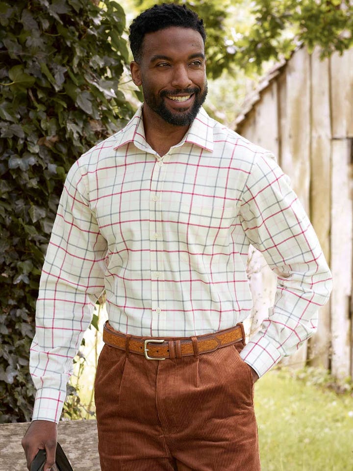 Men's Pink & Grey Big Check Tattersall Shirt On Model