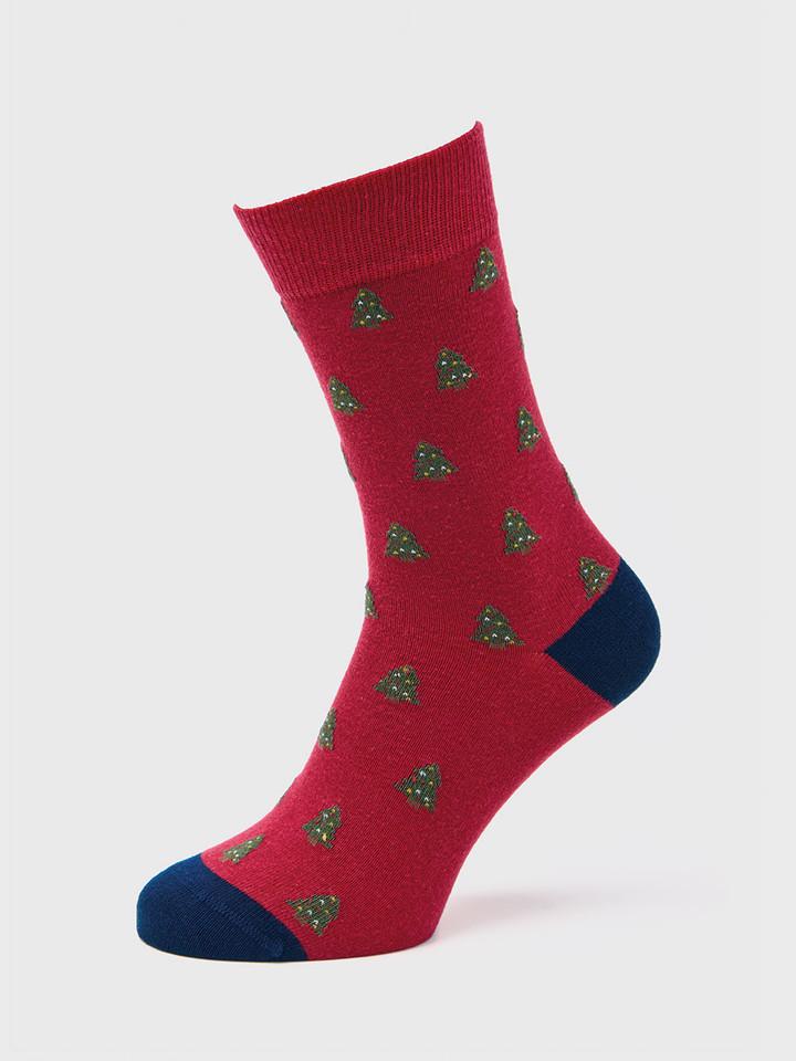 Novelty Red Christmas Tree Socks On Model