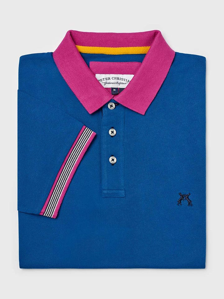 Men's Blue Contrast Piqué Cotton Polo Shirt