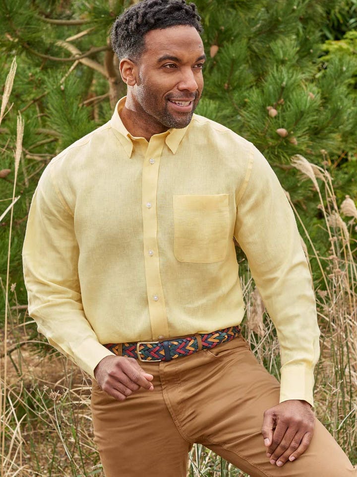 Men's Lemon Yellow 100% Linen Long Sleeve Shirt On Model