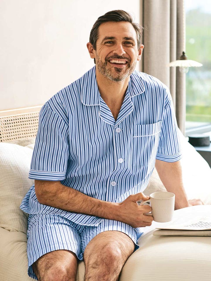 Men's Blue Striped Cotton Short Pyjamas Set on model