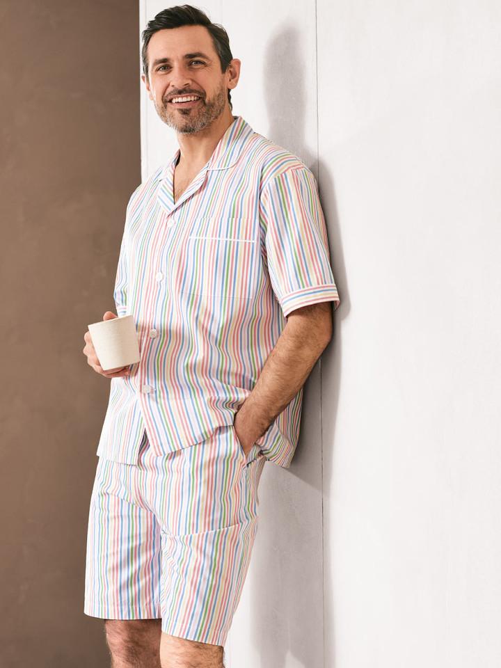 Men's Multicoloured Striped Short Pyjamas Set On Model