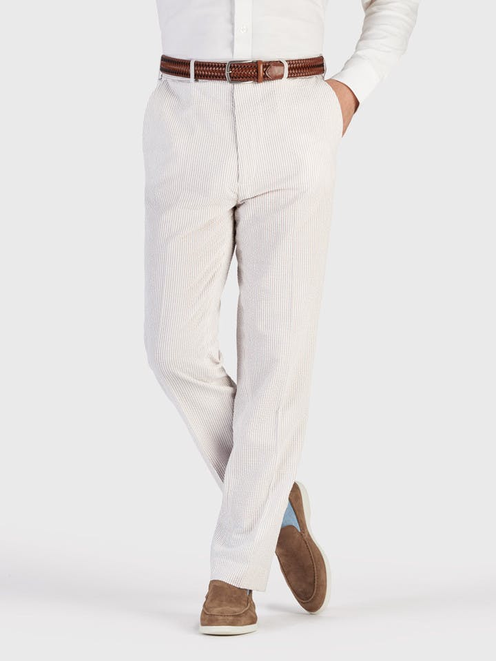 Men's Beige & White Seersucker Suit Trousers on model