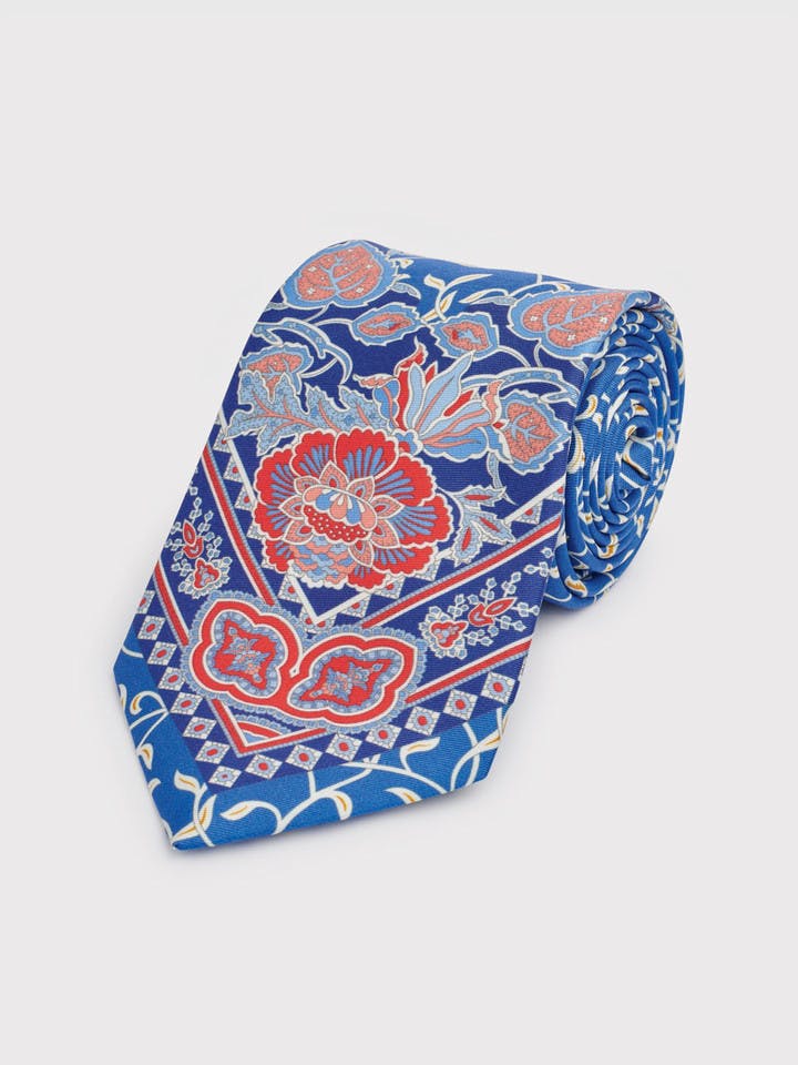 Men's Blue Botanical Flower Pattern Silk Tie Rolled