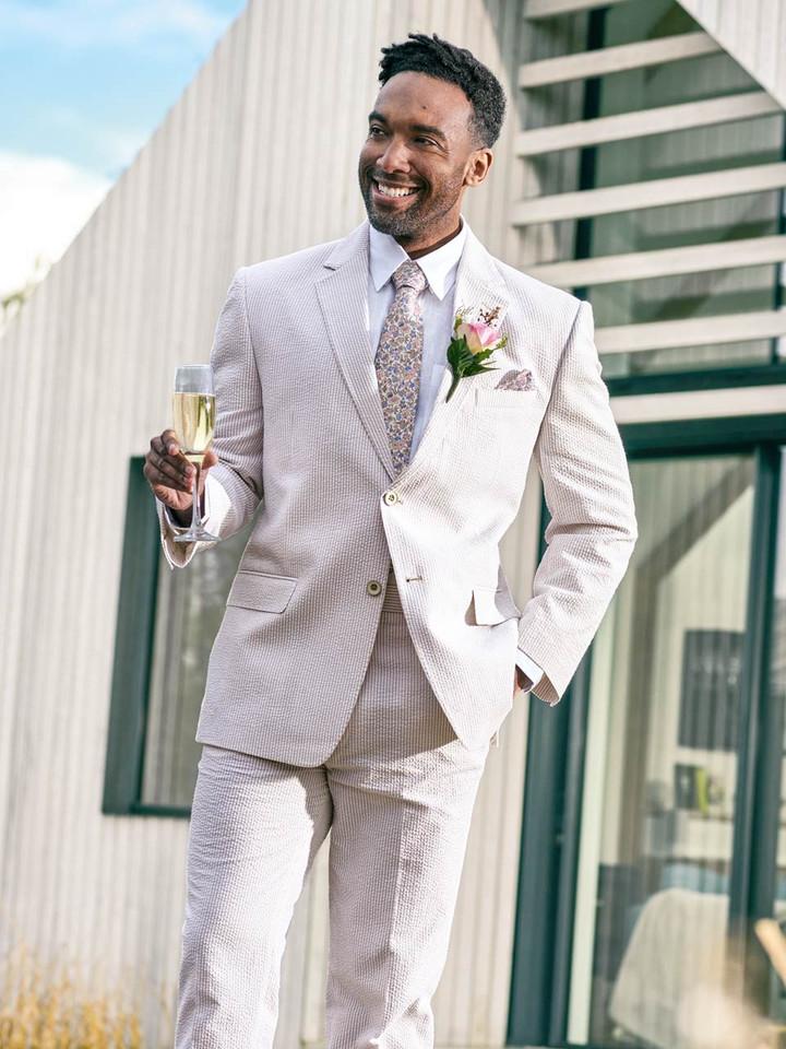 Men's Beige and White Stripe Seersucker Suit