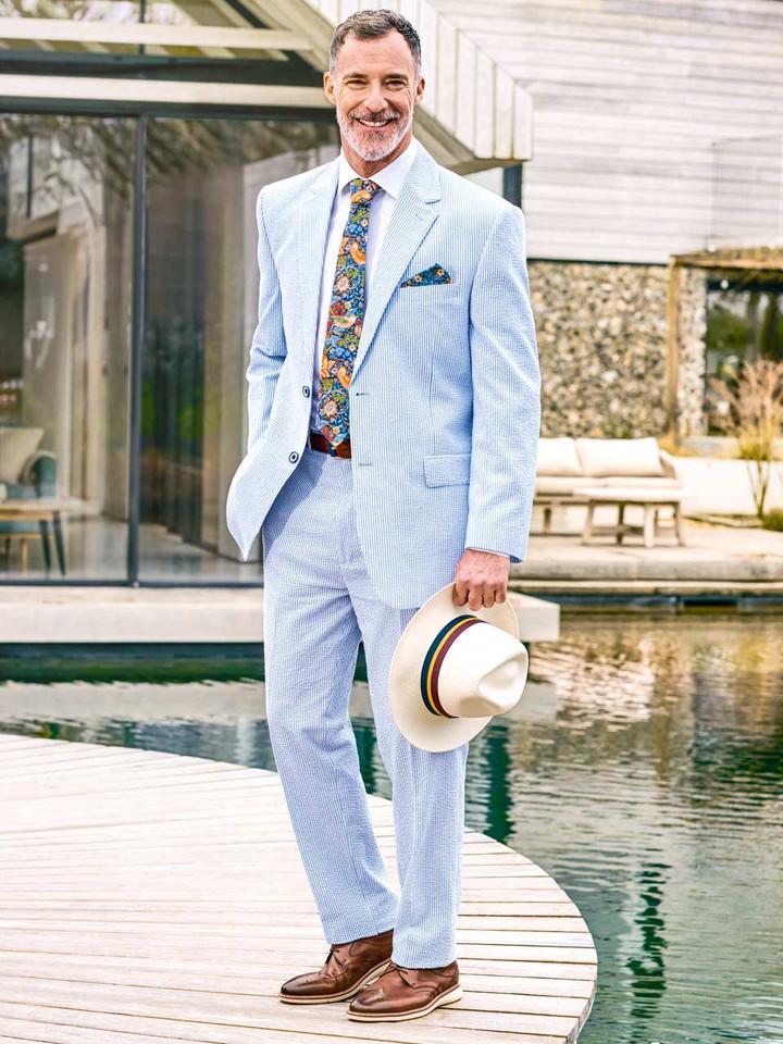 Men's Blue and White Stripe Seersucker Suit