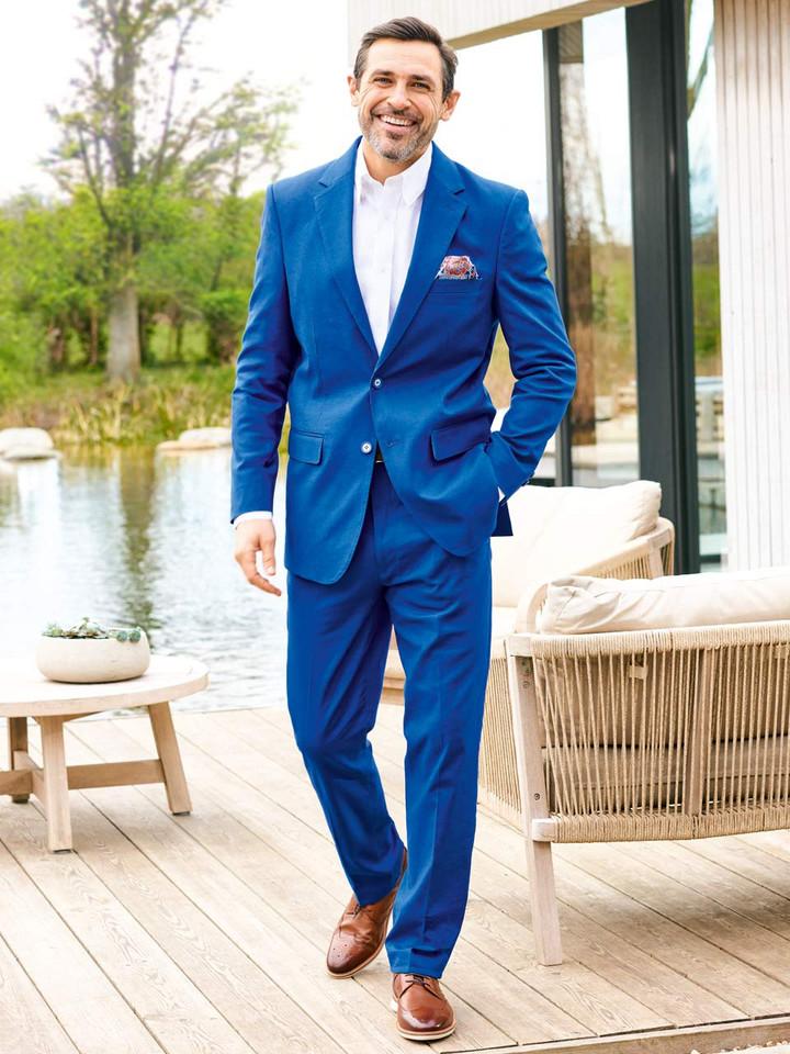 Men's Bright Blue Cotton & Linen Suit