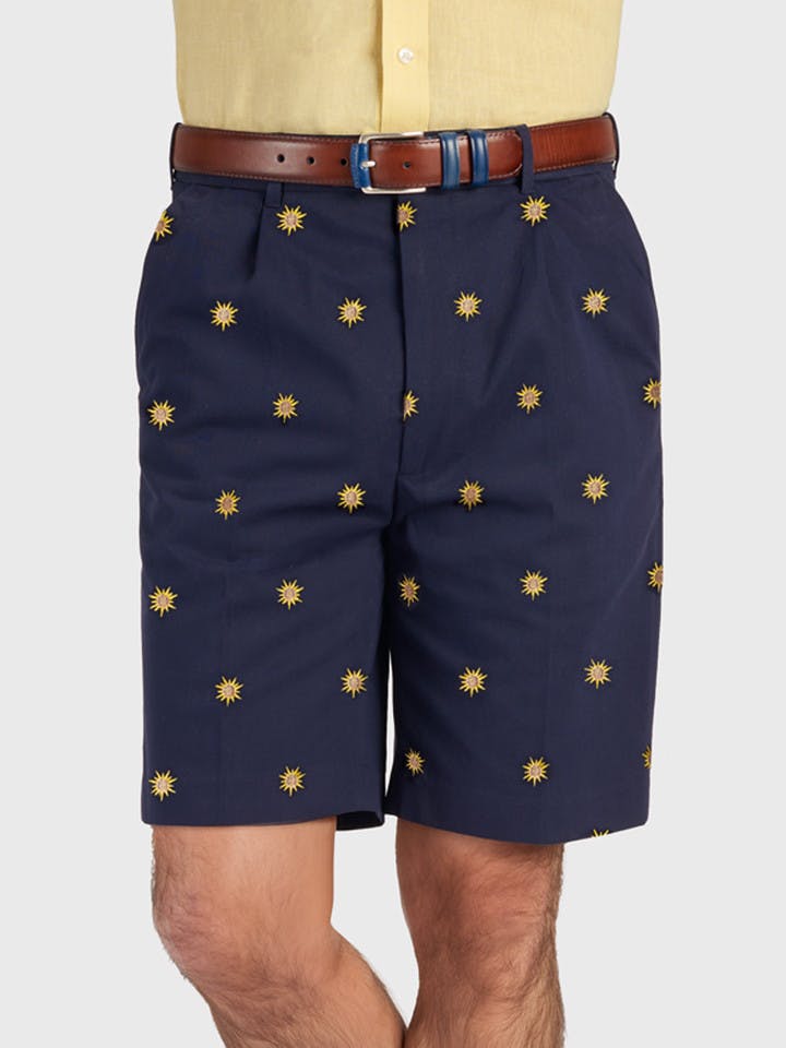 Sun Embroidered Navy Cotton Pleated Shorts