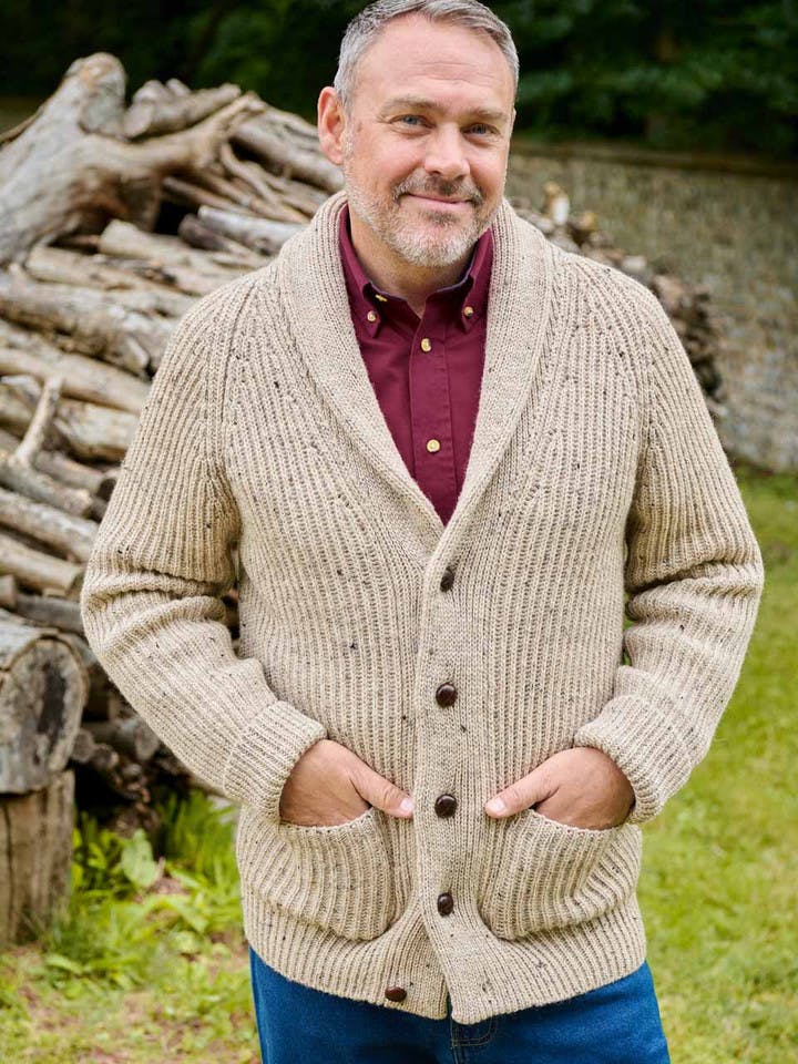 Men's Oat Beige Shawl Neck Cardigan On Model