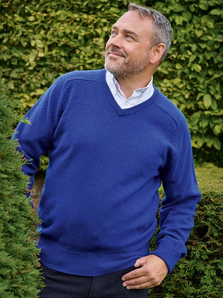 Blue Lambswool V-Neck Sweater On Model