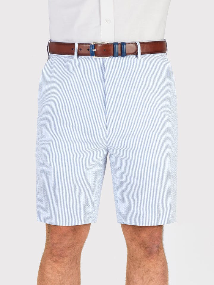 Blue and White Stripe Seersucker Shorts On Model