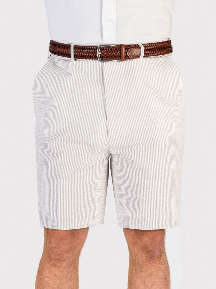 Beige and White Striped Seersucker Shorts On Model