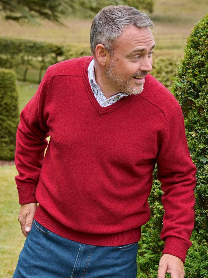 Men's Red Lambswool V-Neck Sweater On Model