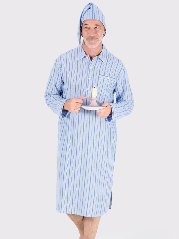 Blue & Green Stripe Flannel Nightshirt with Night Cap On Model